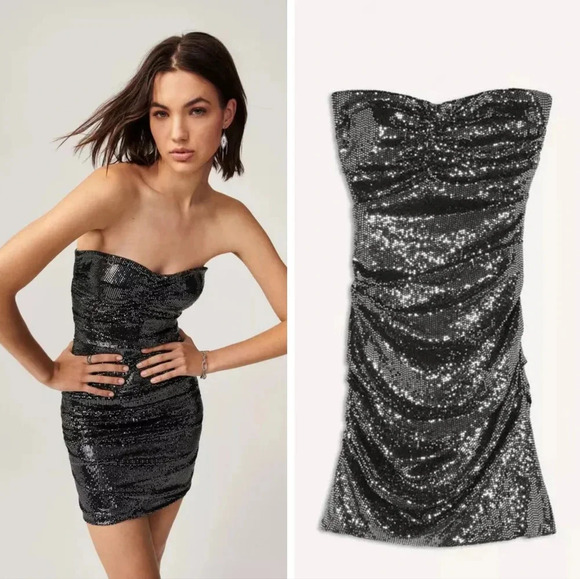 Ba&sh Maelle Embellished Sequin Strapless Bodycon Mini Dress Silver Black XS - Picture 3 of 8